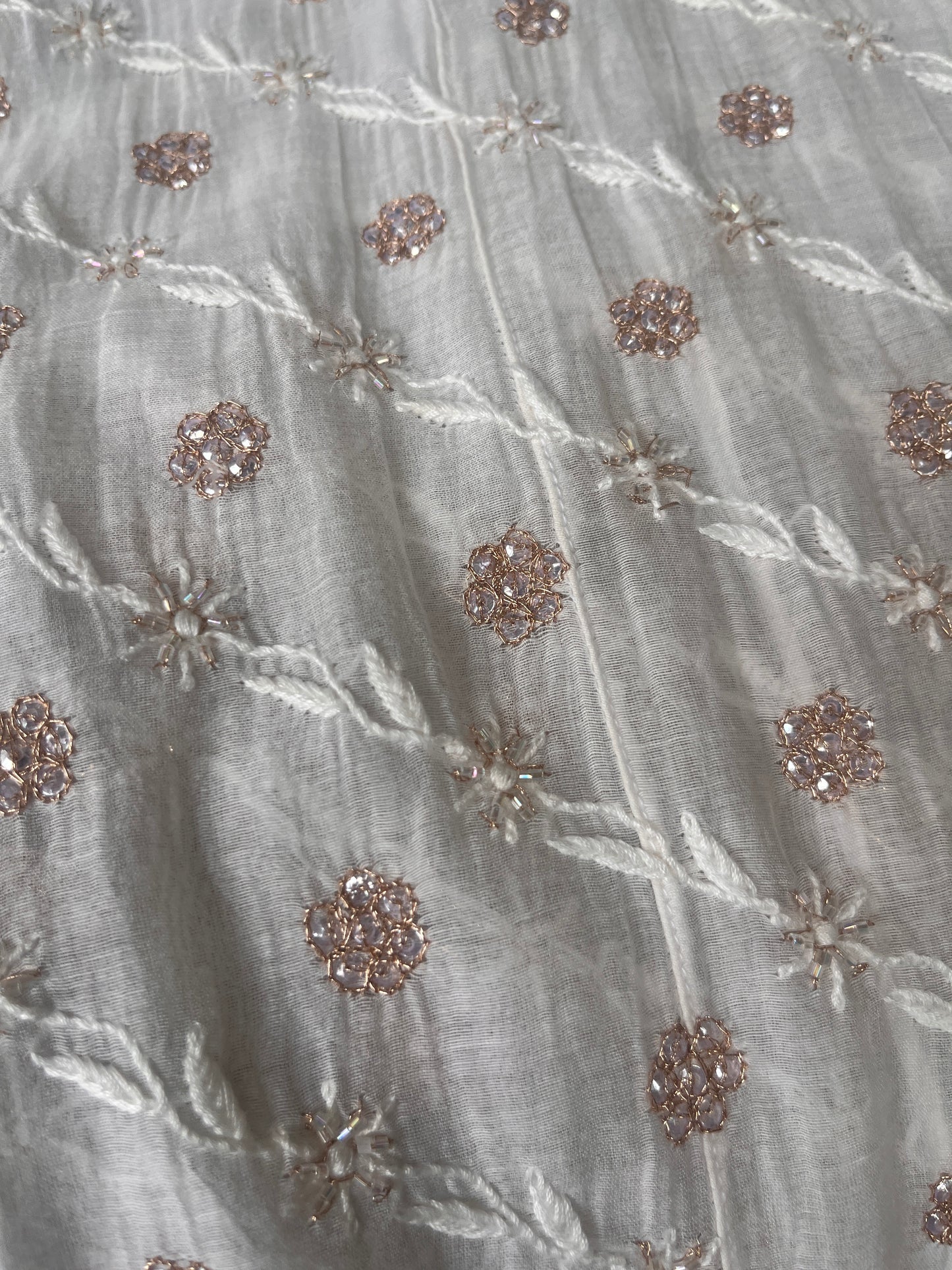Pure Mulmul Anarkali Suit Set with Chikankari & Aari-Sequin Work with Embroidered Dupatta (Set of 3) (Semi-stitched)