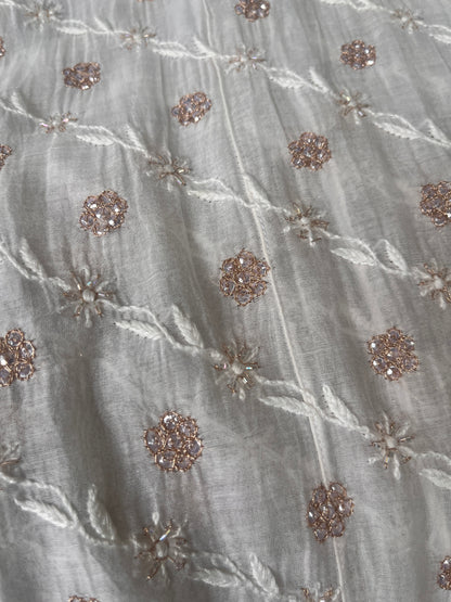 Pure Mulmul Anarkali Suit Set with Chikankari & Aari-Sequin Work with Embroidered Dupatta (Set of 3) (Semi-stitched)
