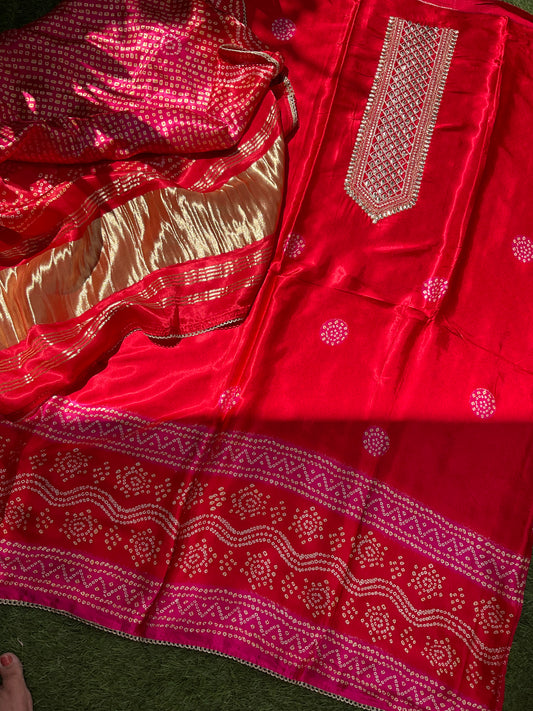 Modal Satin Suit Set with Ajrak Print & Gotta Work Neckline with Coordinated Dupatta (Set of 3) (Semi-Stitched)