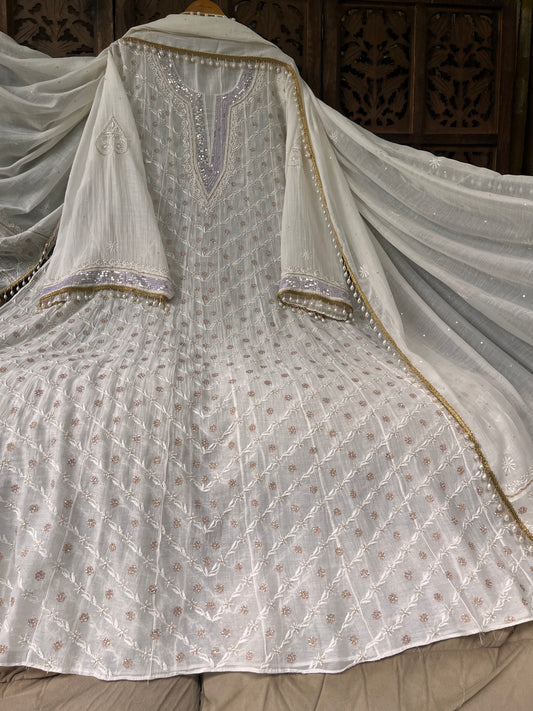 Pure Mulmul Anarkali Suit Set with Chikankari & Aari-Sequin Work with Embroidered Dupatta (Set of 3) (Semi-stitched)