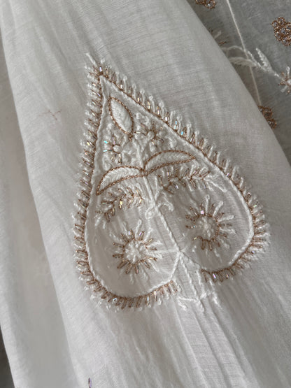 Pure Mulmul Anarkali Suit Set with Chikankari & Aari-Sequin Work with Embroidered Dupatta (Set of 3) (Semi-stitched)
