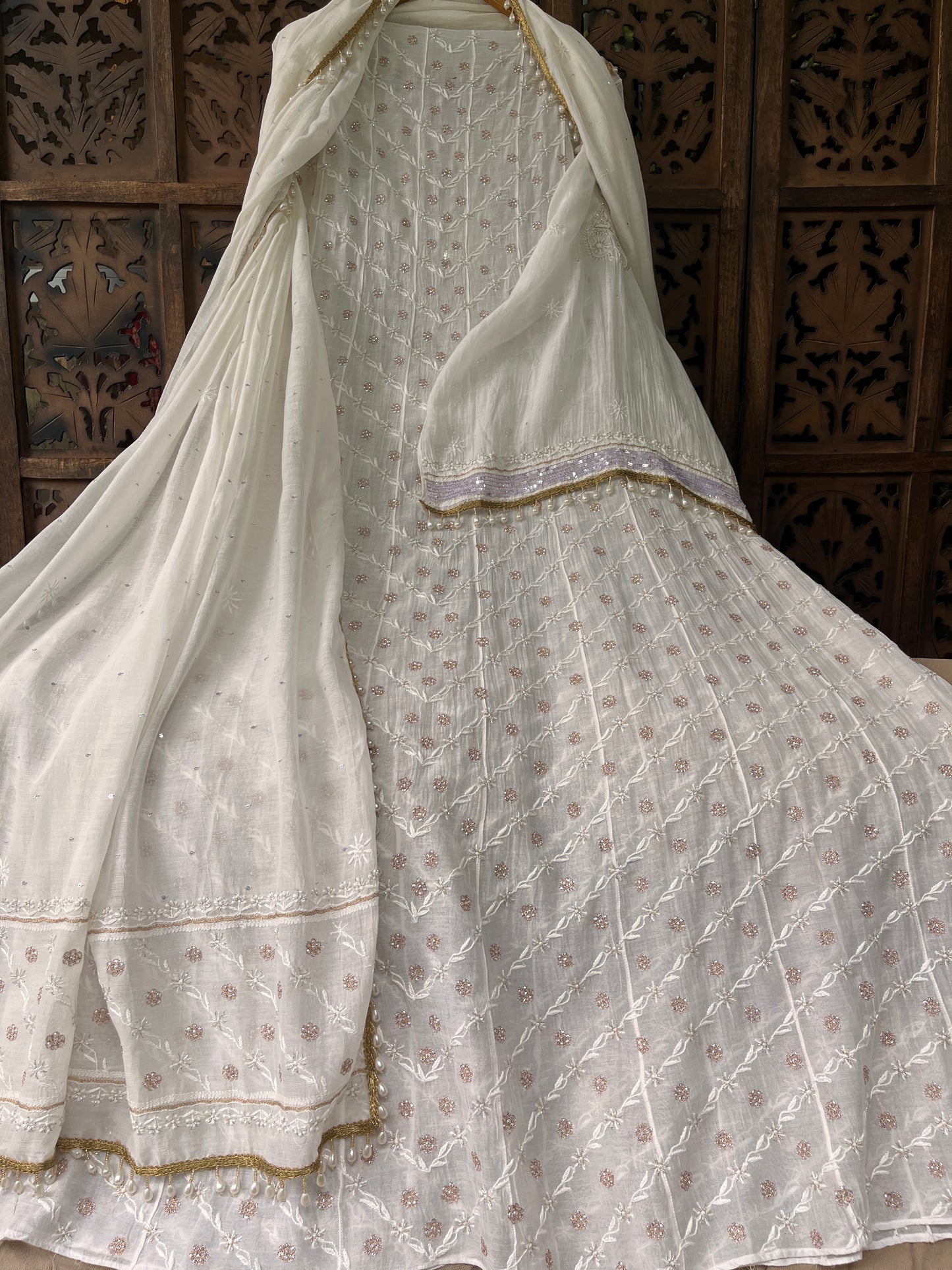 Pure Mulmul Anarkali Suit Set with Chikankari & Aari-Sequin Work with Embroidered Dupatta (Set of 3) (Semi-stitched)