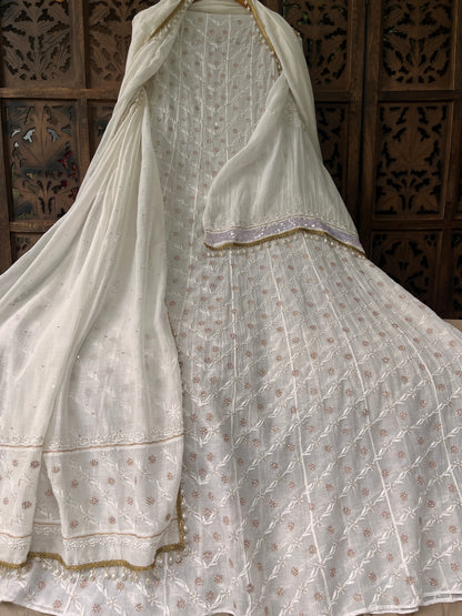 Pure Mulmul Anarkali Suit Set with Chikankari & Aari-Sequin Work with Embroidered Dupatta (Set of 3) (Semi-stitched)