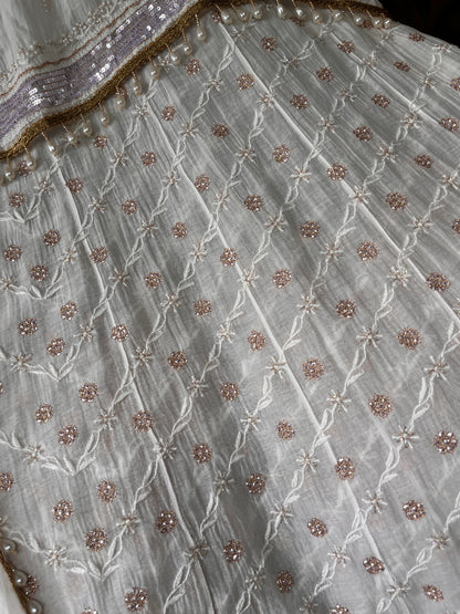 Pure Mulmul Anarkali Suit Set with Chikankari & Aari-Sequin Work with Embroidered Dupatta (Set of 3) (Semi-stitched)
