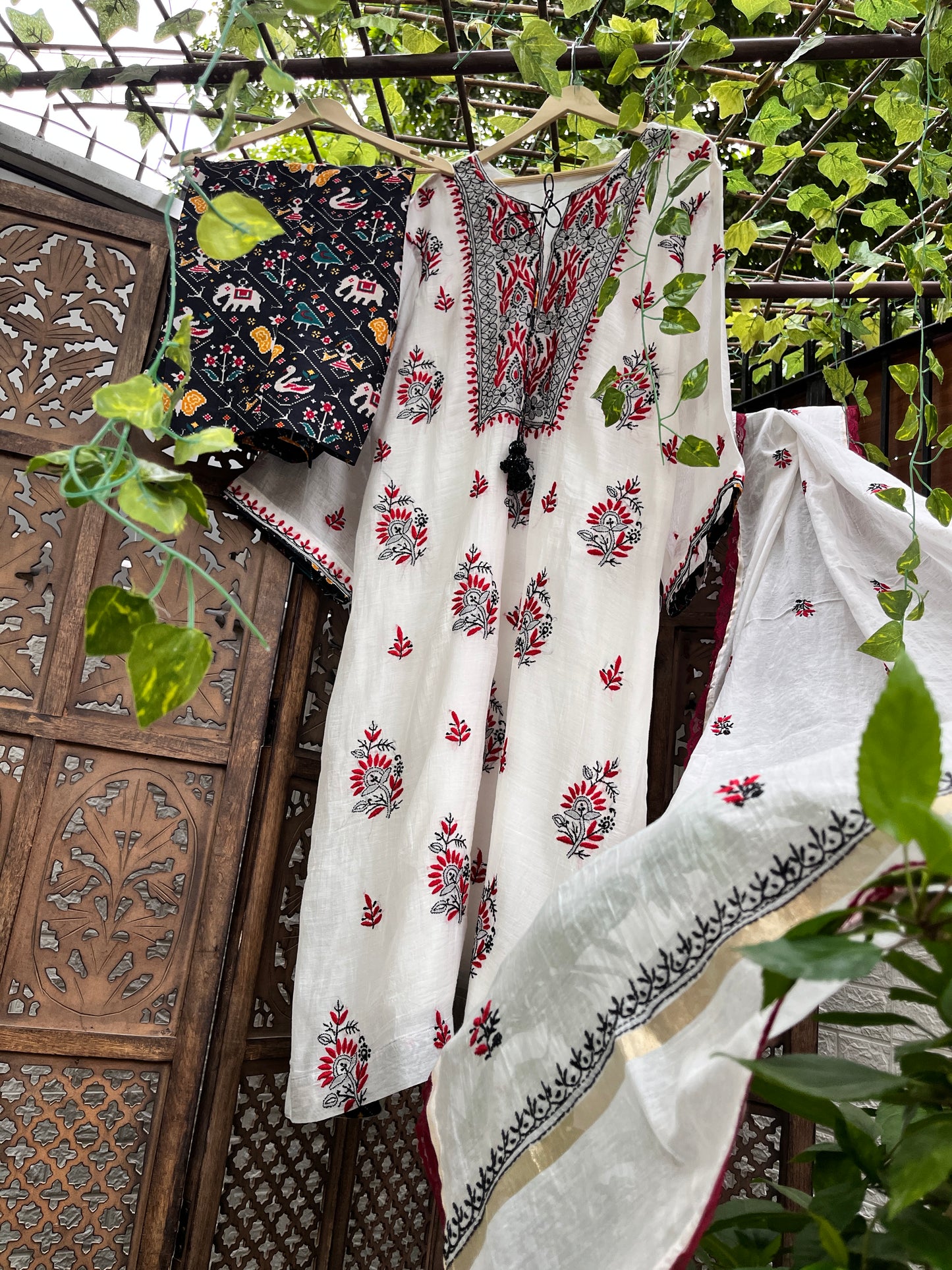 Mulmul kurta with dupatta and patola print cotton silk pants