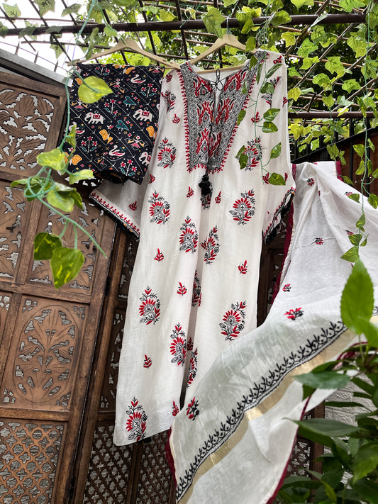 Mulmul kurta with dupatta and patola print cotton silk pants