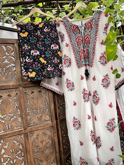 Mulmul kurta with dupatta and patola print cotton silk pants