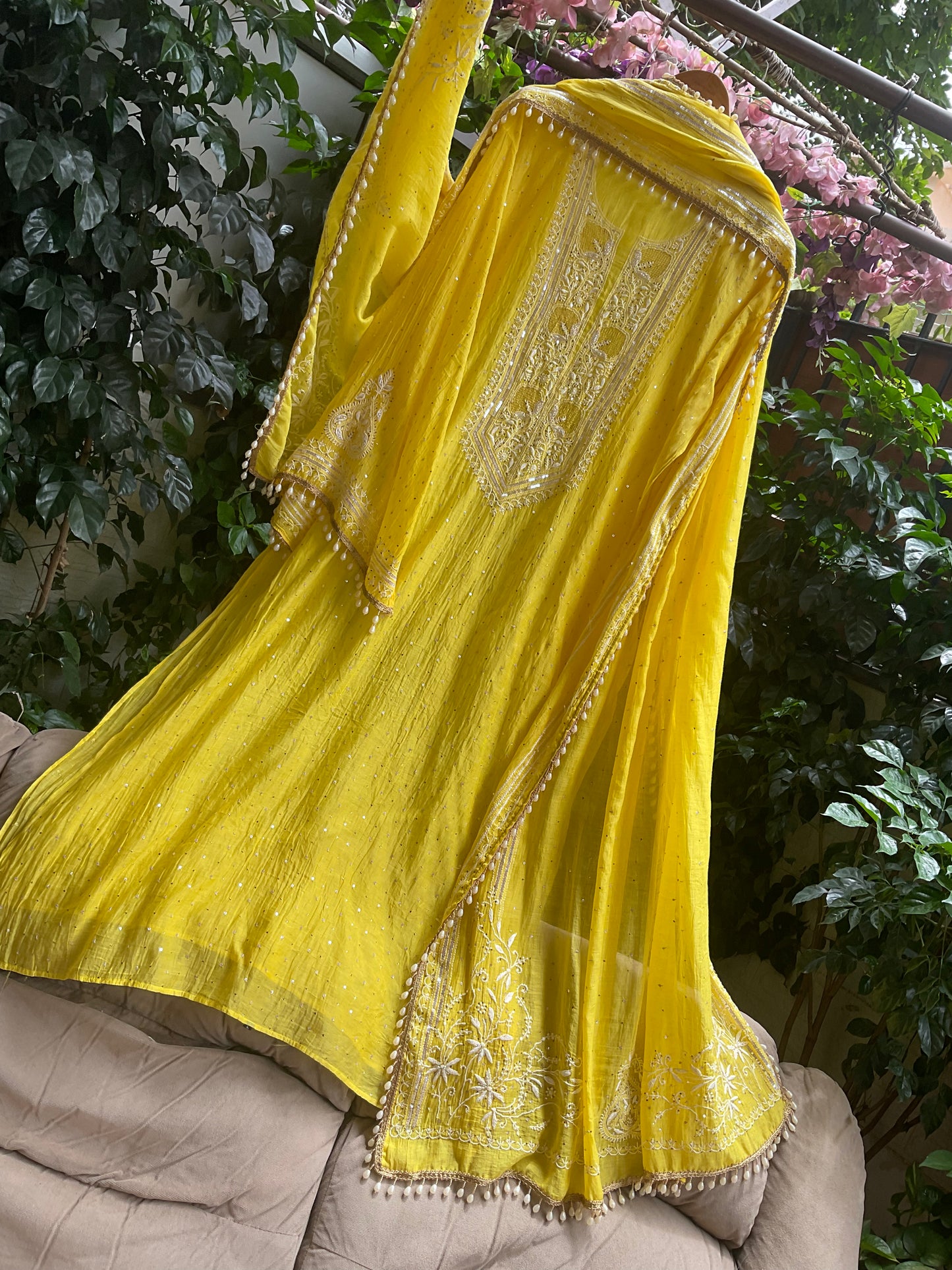 Pure Mulmul Kurta Set with Superfine Ektaar Chikankari & Mukaish Work with Heavy Aari Embroidery Dupatta (Set of 3) (Unstitched)