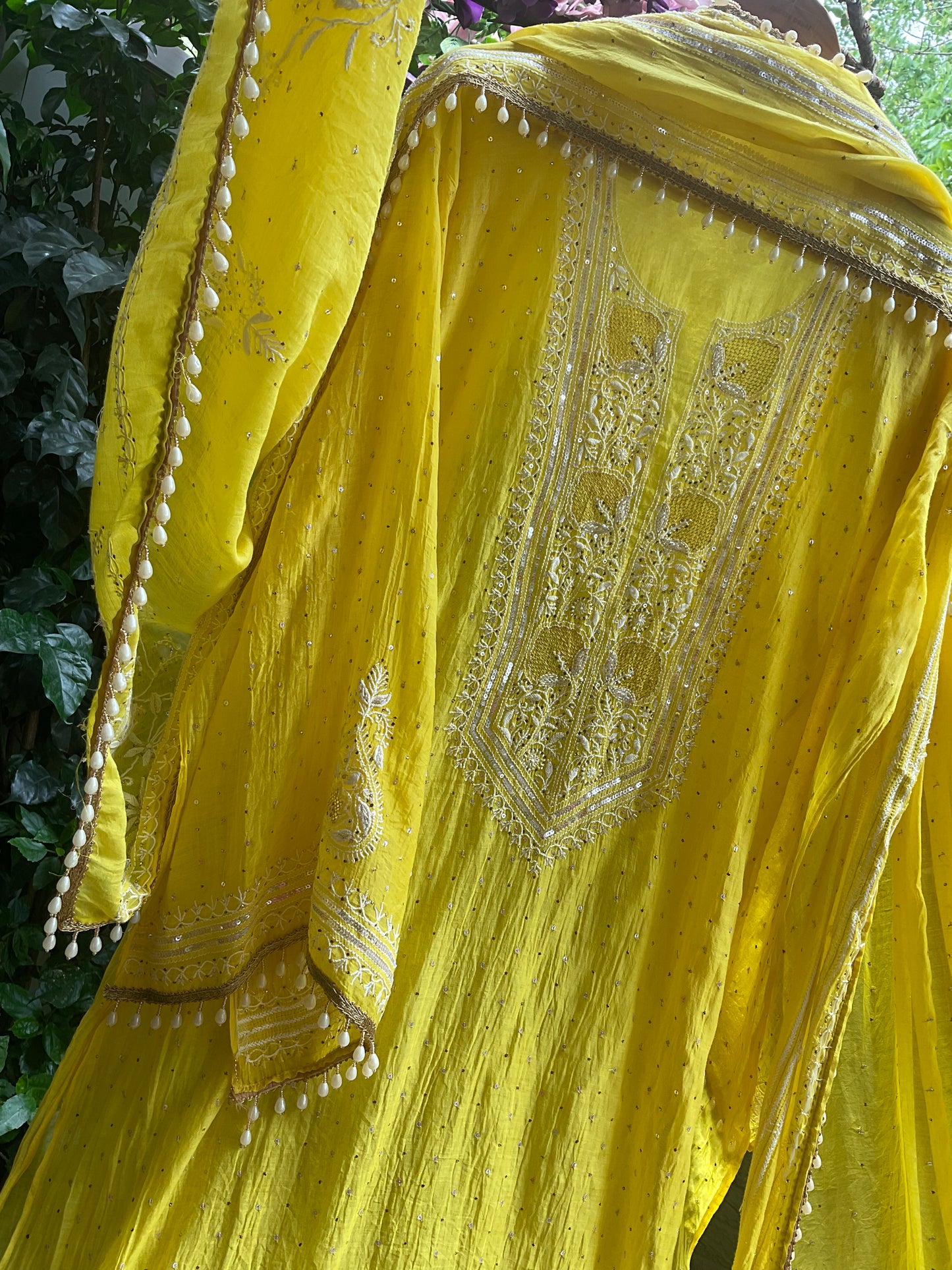 Pure Mulmul Kurta Set with Superfine Ektaar Chikankari & Mukaish Work with Heavy Aari Embroidery Dupatta (Set of 3) (Unstitched)