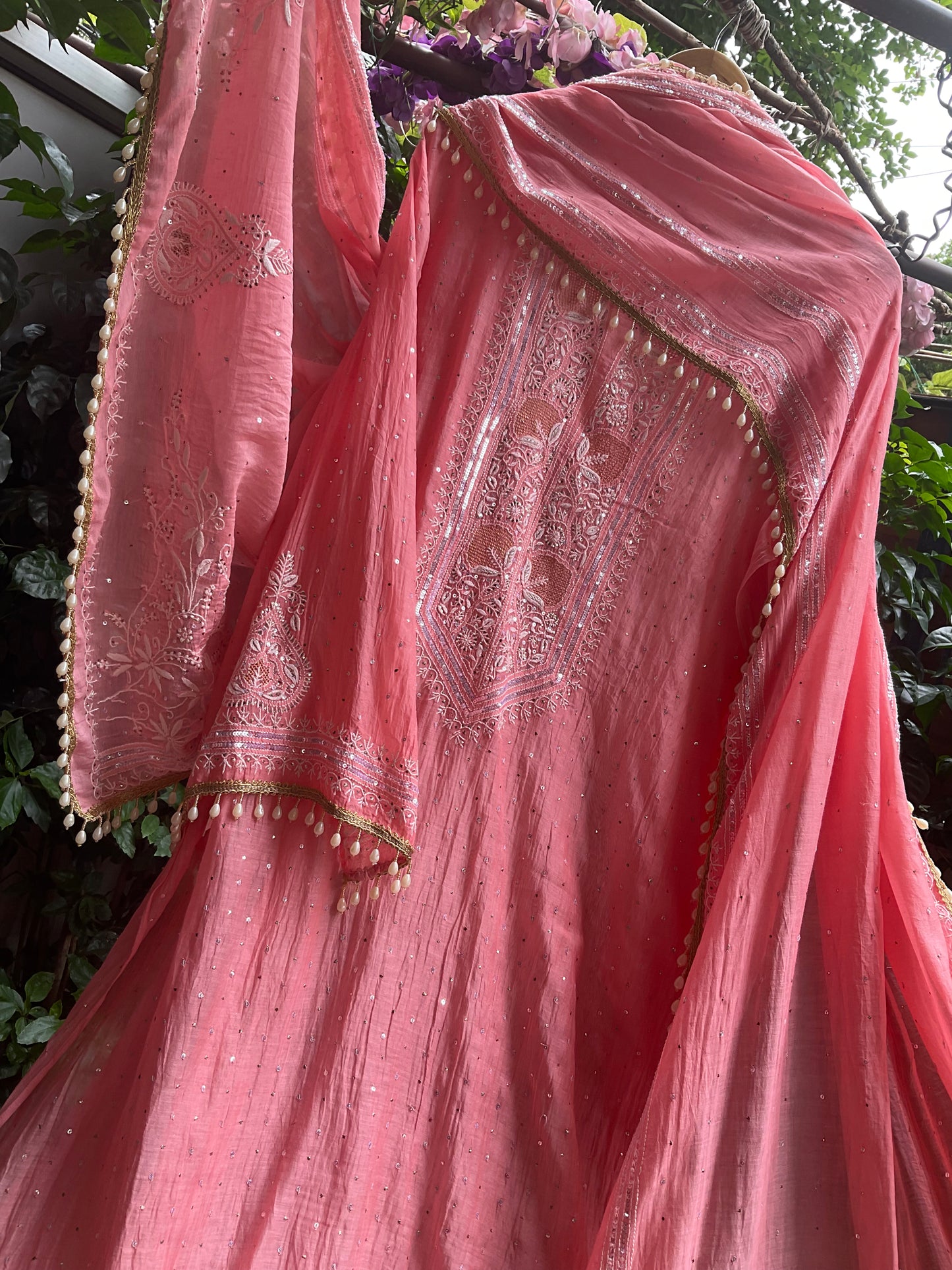 Pure Mulmul Kurta Set with Superfine Ektaar Chikankari & Mukaish Work with Heavy Aari Embroidery Dupatta (Set of 3) (Unstitched)