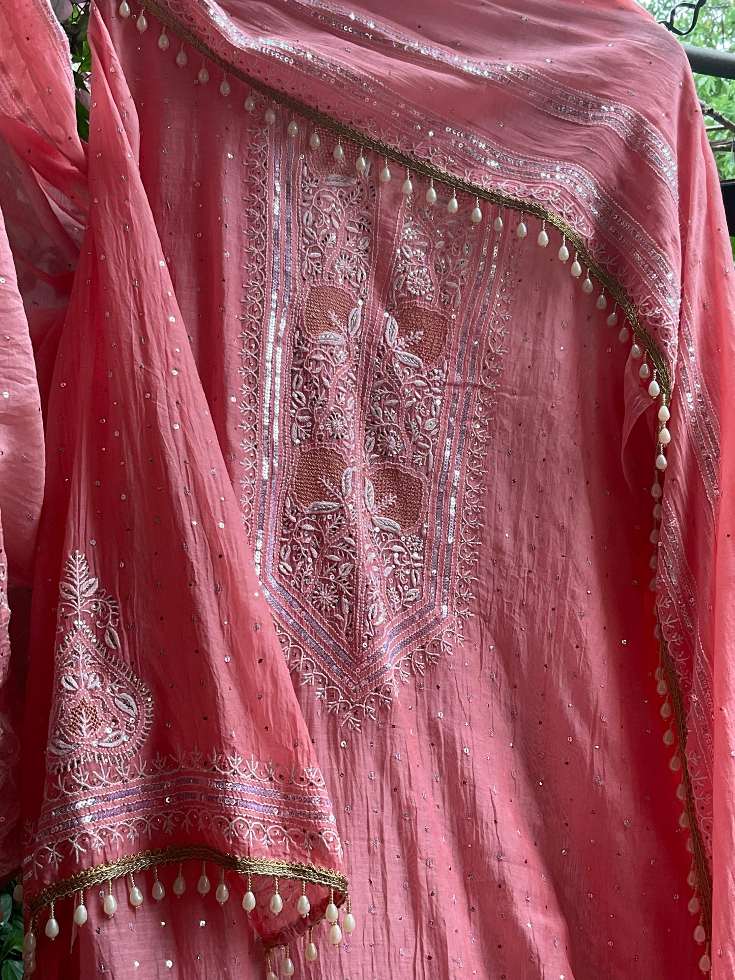 Pure Mulmul Kurta Set with Superfine Ektaar Chikankari & Mukaish Work with Heavy Aari Embroidery Dupatta (Set of 3) (Unstitched)