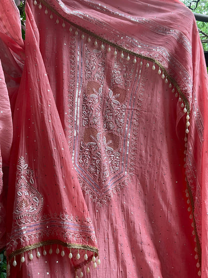 Pure Mulmul Kurta Set with Superfine Ektaar Chikankari & Mukaish Work with Heavy Aari Embroidery Dupatta (Set of 3) (Unstitched)