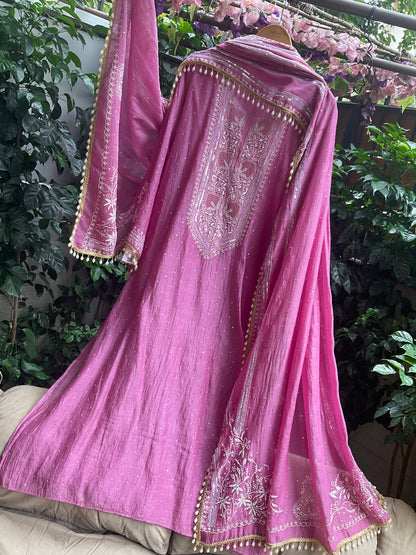 Pure Mulmul Kurta Set with Superfine Ektaar Chikankari & Mukaish Work with Heavy Aari Embroidery Dupatta (Set of 3) (Unstitched)