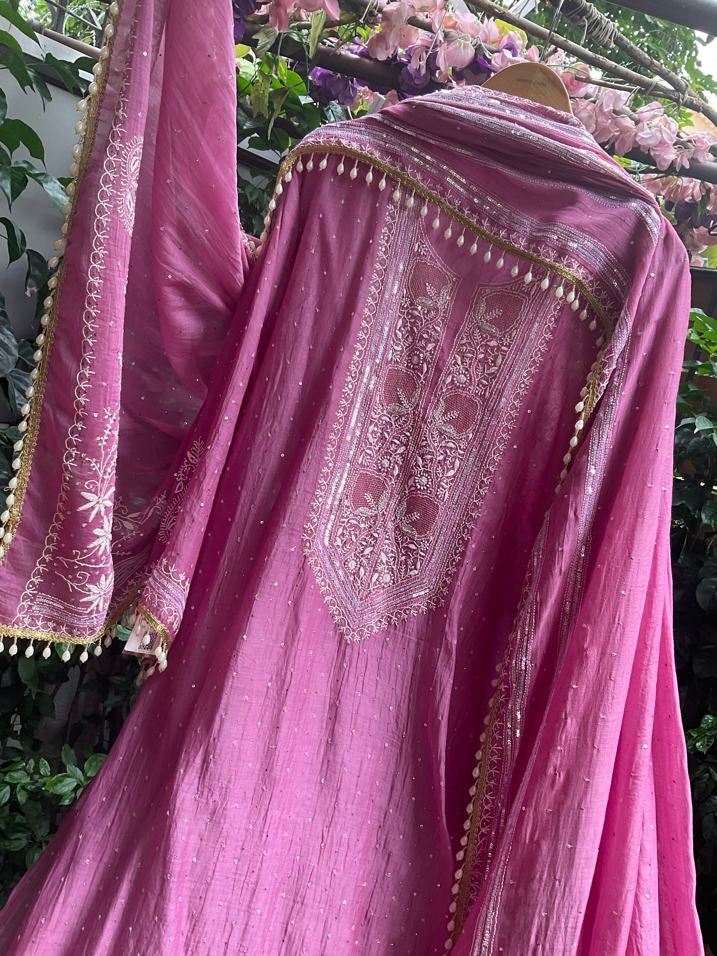 Pure Mulmul Kurta Set with Superfine Ektaar Chikankari & Mukaish Work with Heavy Aari Embroidery Dupatta (Set of 3) (Unstitched)