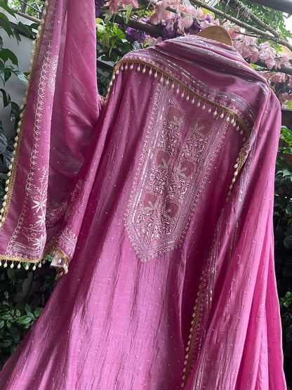 Pure Mulmul Kurta Set with Superfine Ektaar Chikankari & Mukaish Work with Heavy Aari Embroidery Dupatta (Set of 3) (Unstitched)