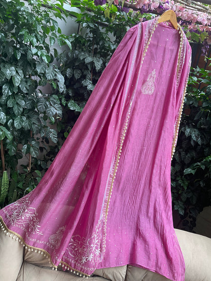 Pure Mulmul Kurta Set with Superfine Ektaar Chikankari & Mukaish Work with Heavy Aari Embroidery Dupatta (Set of 3) (Unstitched)