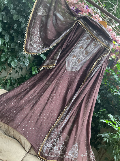 Pure Mulmul Kurta Set with Superfine Ektaar Chikankari & Mukaish Work with Heavy Aari Embroidery Dupatta (Set of 3) (Unstitched)