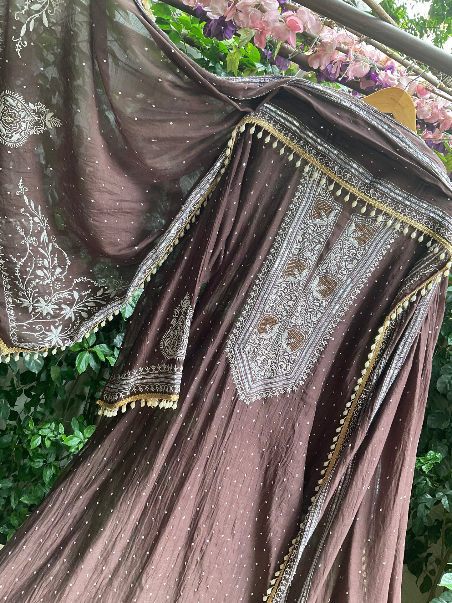 Pure Mulmul Kurta Set with Superfine Ektaar Chikankari & Mukaish Work with Heavy Aari Embroidery Dupatta (Set of 3) (Unstitched)