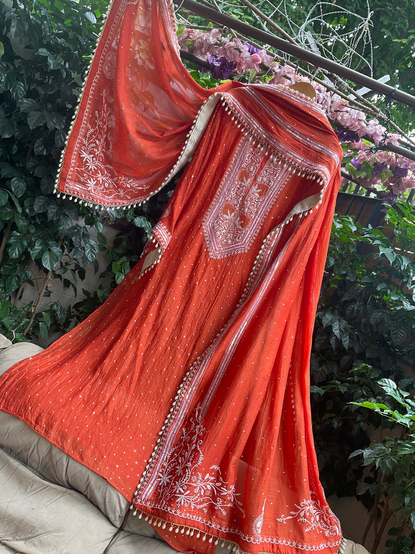 Pure Mulmul Kurta Set with Superfine Ektaar Chikankari & Mukaish Work with Heavy Aari Embroidery Dupatta (Set of 3) (Unstitched)