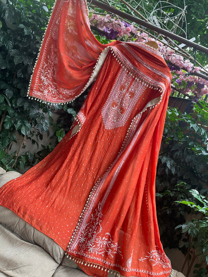 Pure Mulmul Kurta Set with Superfine Ektaar Chikankari & Mukaish Work with Heavy Aari Embroidery Dupatta (Set of 3) (Unstitched)