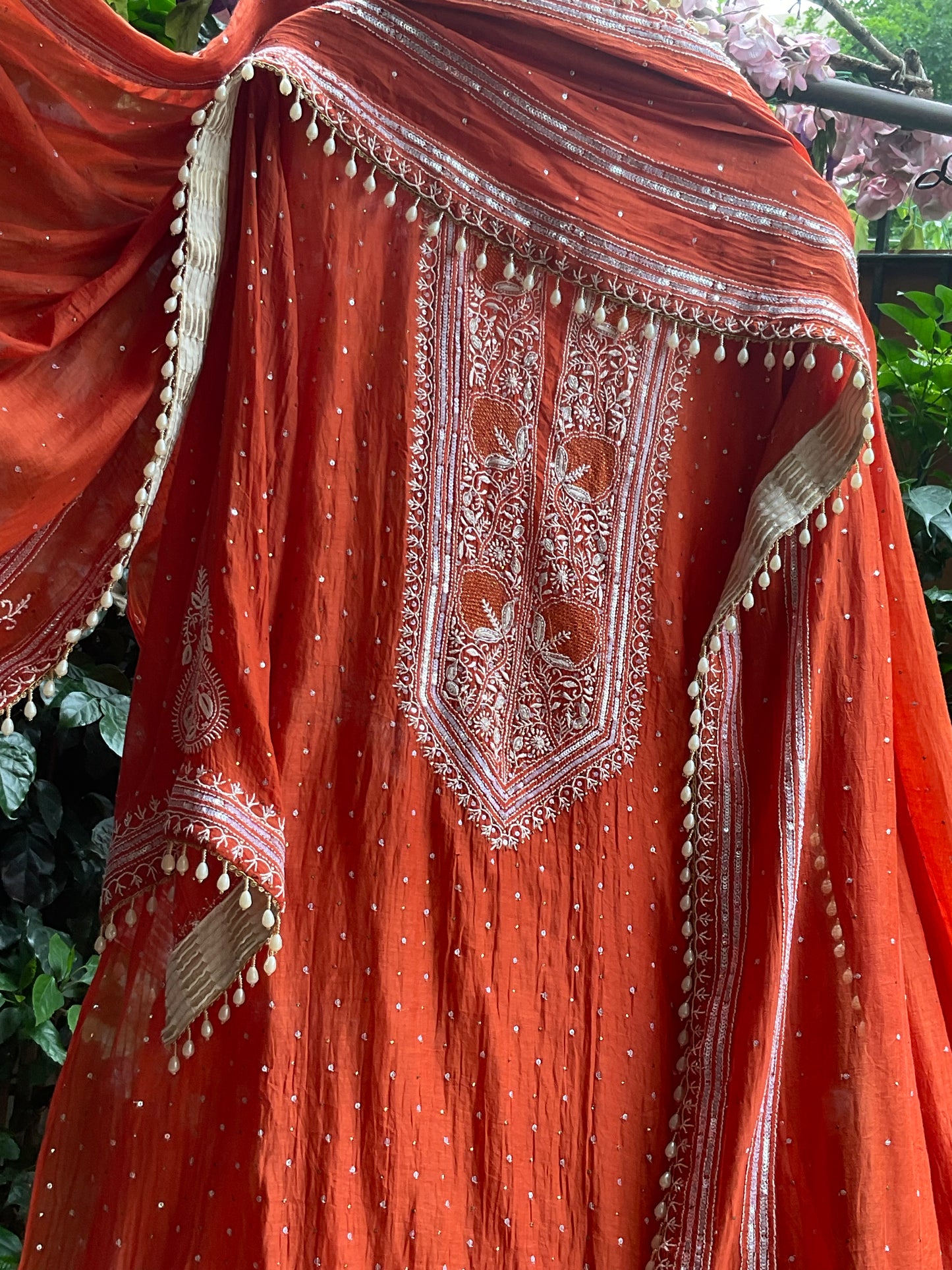 Pure Mulmul Kurta Set with Superfine Ektaar Chikankari & Mukaish Work with Heavy Aari Embroidery Dupatta (Set of 3) (Unstitched)