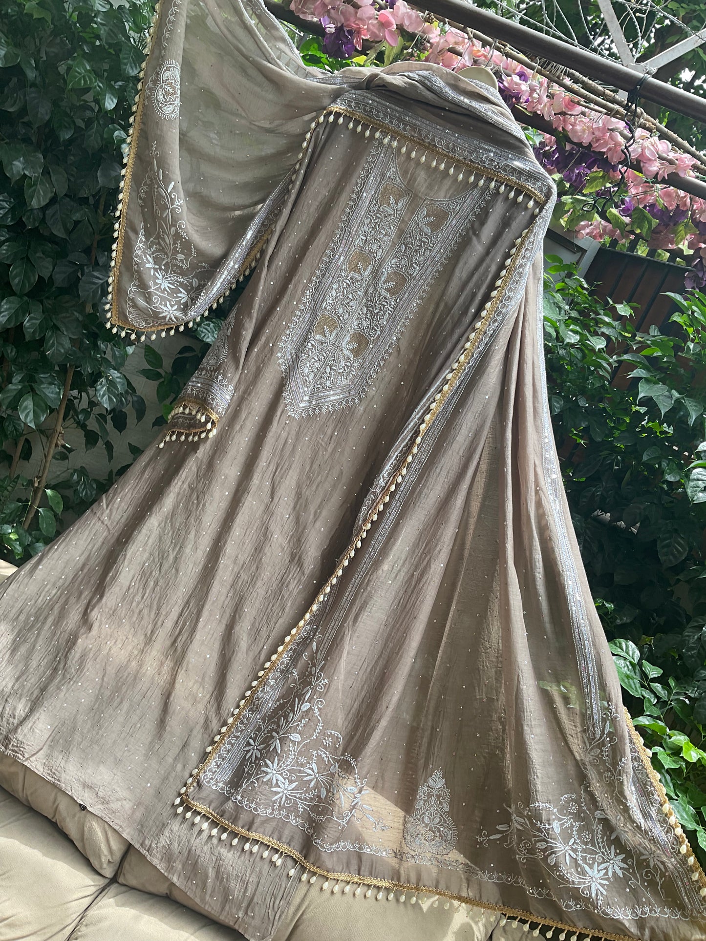Pure Mulmul Kurta Set with Superfine Ektaar Chikankari & Mukaish Work with Heavy Aari Embroidery Dupatta (Set of 3) (Unstitched)