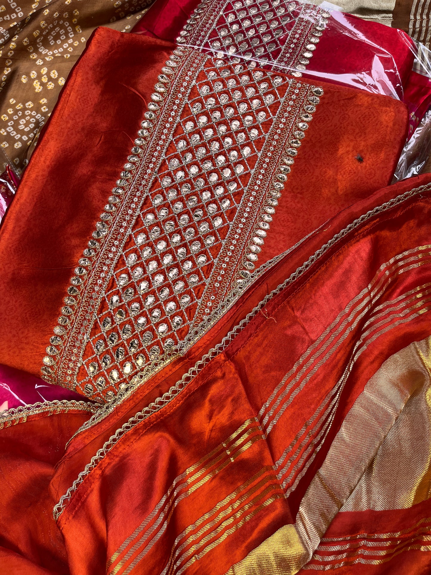 Modal Satin Suit Set with Ajrak Print & Gotta Work Neckline with Coordinated Dupatta (Set of 3) (Semi-Stitched)