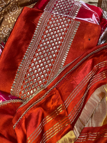 Modal Satin Suit Set with Ajrak Print & Gotta Work Neckline with Coordinated Dupatta (Set of 3) (Semi-Stitched)