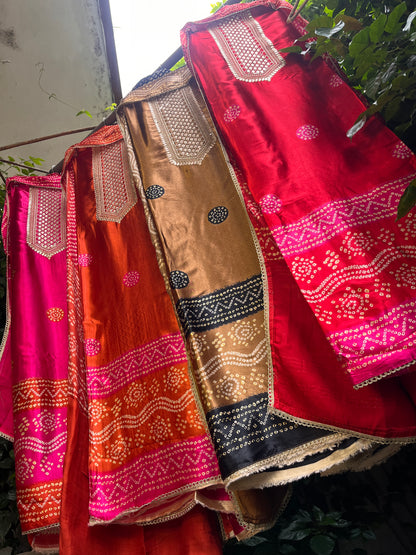 Modal Satin Suit Set with Ajrak Print & Gotta Work Neckline with Coordinated Dupatta (Set of 3) (Semi-Stitched)
