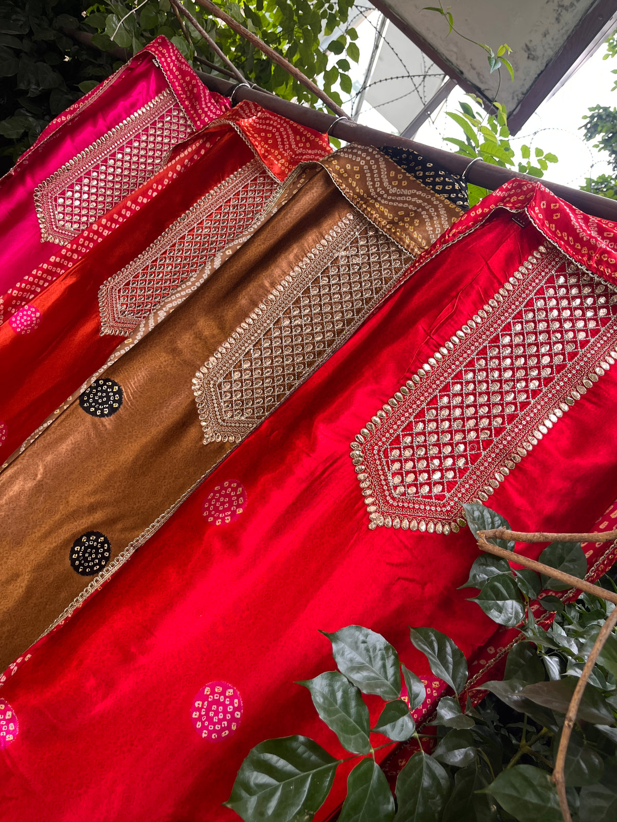 Modal Satin Suit Set with Ajrak Print & Gotta Work Neckline with Coordinated Dupatta (Set of 3) (Semi-Stitched)