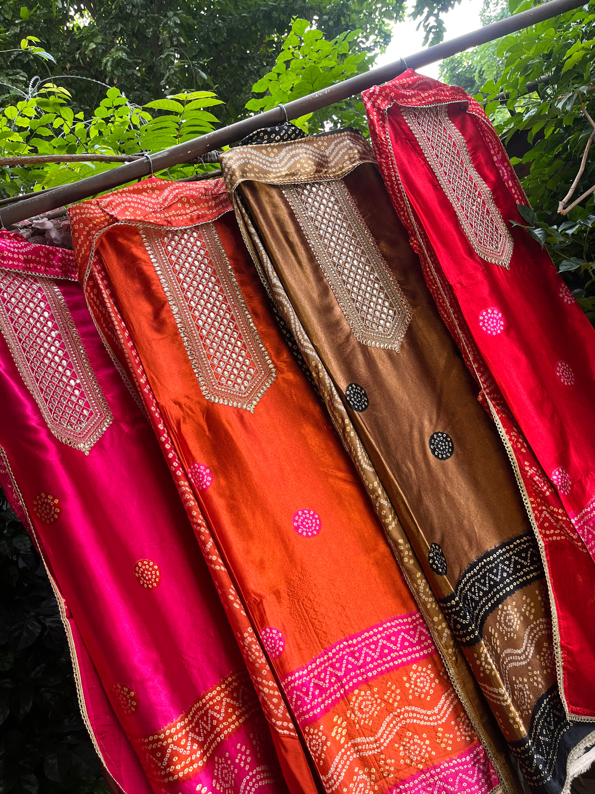 Modal Satin Suit Set with Ajrak Print & Gotta Work Neckline with Coordinated Dupatta (Set of 3) (Semi-Stitched)