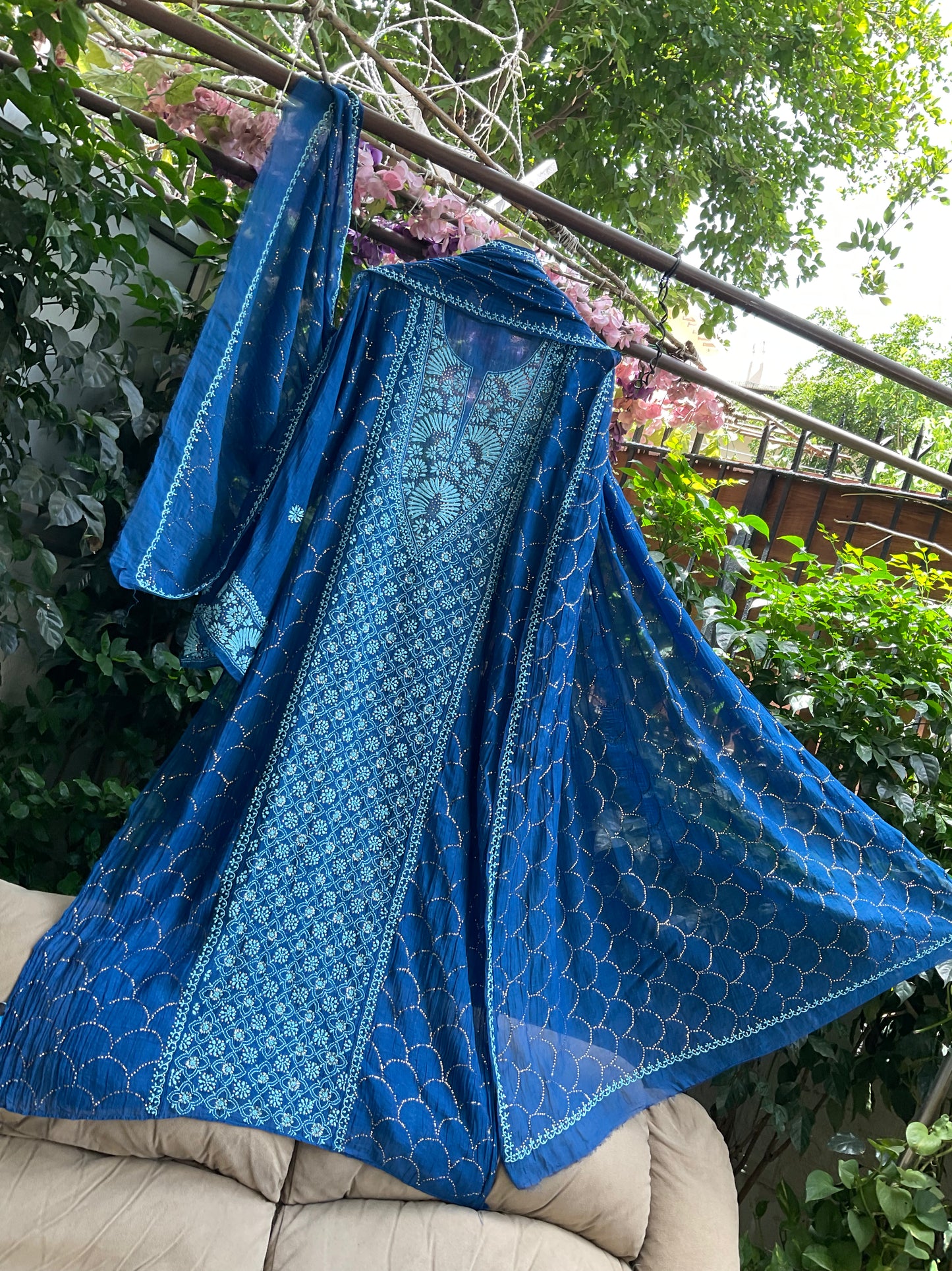 Pure Mulmul Chanderi Kurta Set with Chikankari & Mukaish Work with Handcrafted Dupatta (Set of 3) (Semi-stitched)