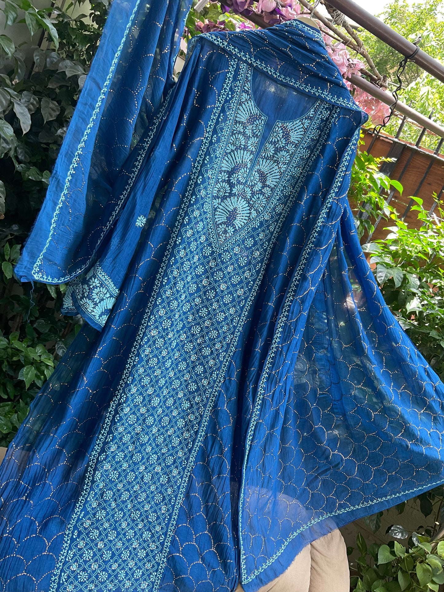 Pure Mulmul Chanderi Kurta Set with Chikankari & Mukaish Work with Handcrafted Dupatta (Set of 3) (Semi-stitched)