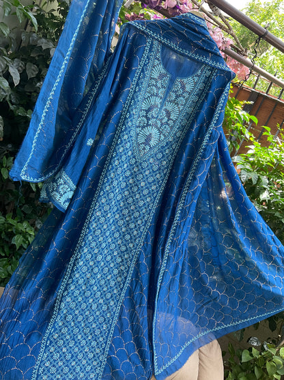 Pure Mulmul Chanderi Kurta Set with Chikankari & Mukaish Work with Handcrafted Dupatta (Set of 3) (Semi-stitched)