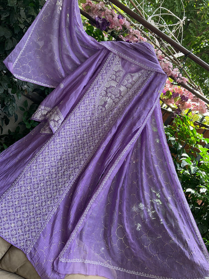 Pure Mulmul Chanderi Kurta Set with Chikankari & Mukaish Work with Handcrafted Dupatta (Set of 3) (Semi-stitched)