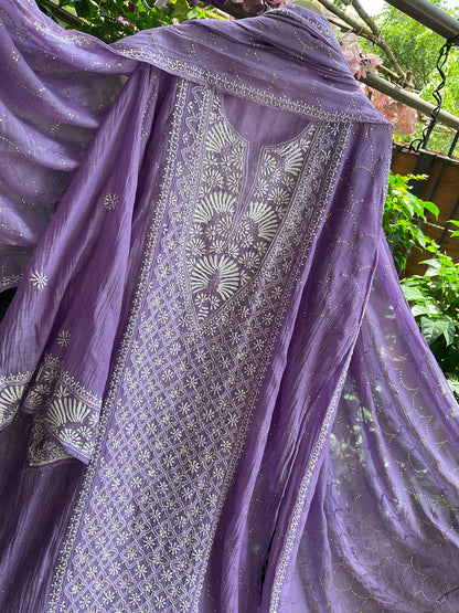 Pure Mulmul Chanderi Kurta Set with Chikankari & Mukaish Work with Handcrafted Dupatta (Set of 3) (Semi-stitched)