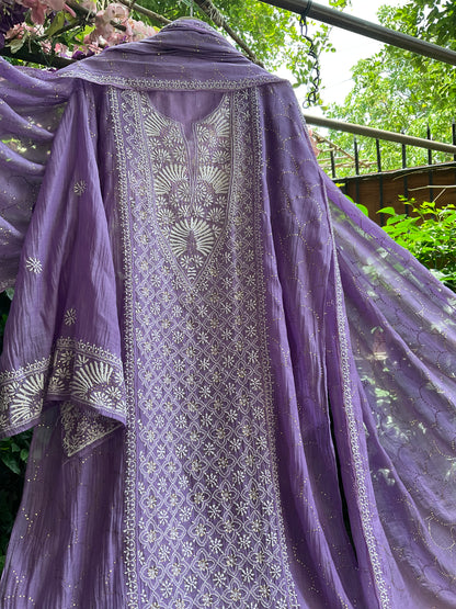 Pure Mulmul Chanderi Kurta Set with Chikankari & Mukaish Work with Handcrafted Dupatta (Set of 3) (Semi-stitched)