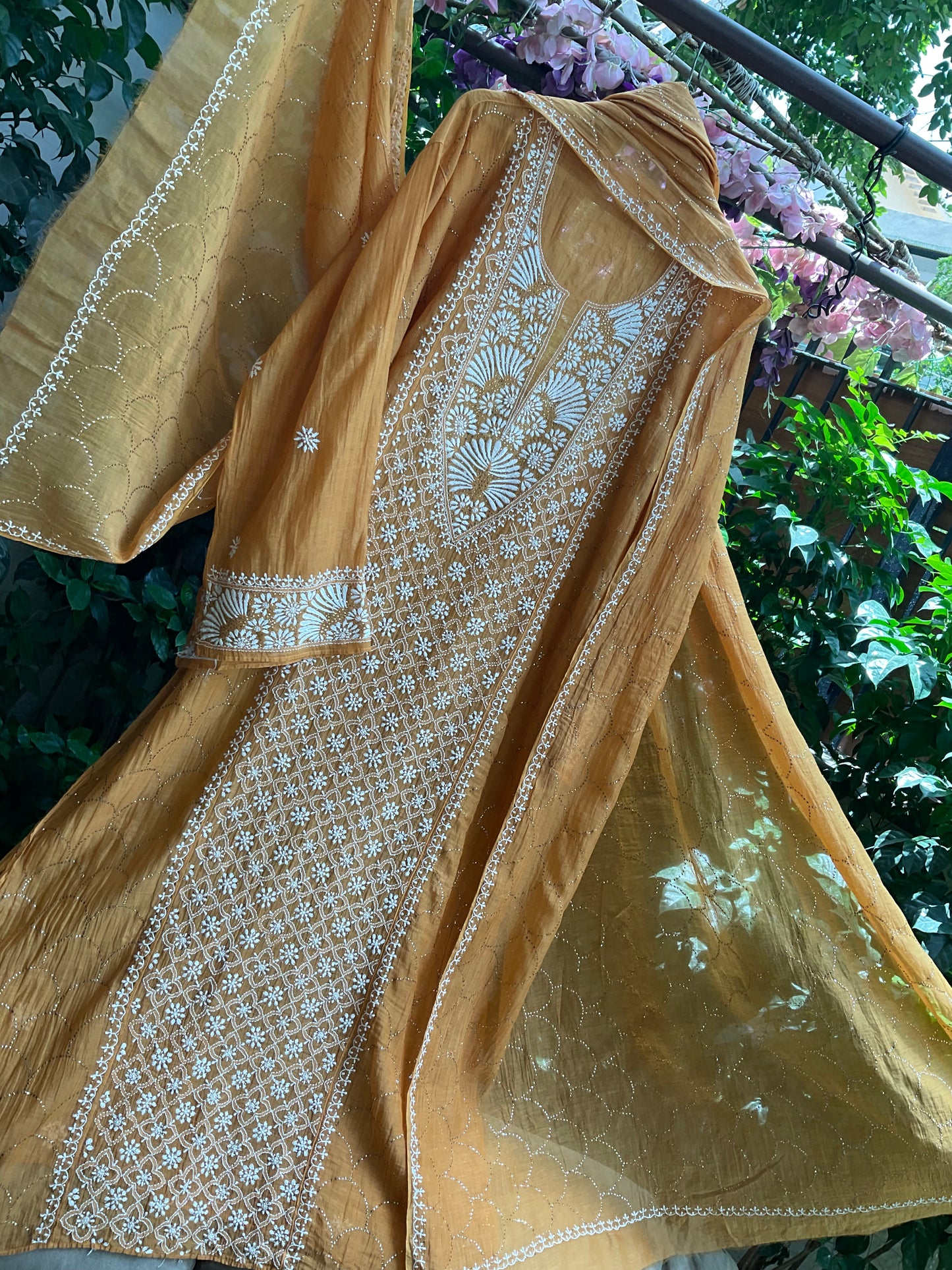 Pure Mulmul Chanderi Kurta Set with Chikankari & Mukaish Work with Handcrafted Dupatta (Set of 3) (Semi-stitched)