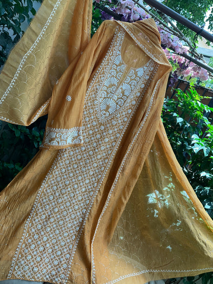 Pure Mulmul Chanderi Kurta Set with Chikankari & Mukaish Work with Handcrafted Dupatta (Set of 3) (Semi-stitched)