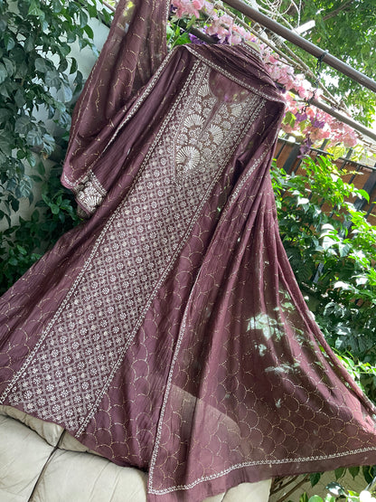 Pure Mulmul Chanderi Kurta Set with Chikankari & Mukaish Work with Handcrafted Dupatta (Set of 3) (Semi-stitched)