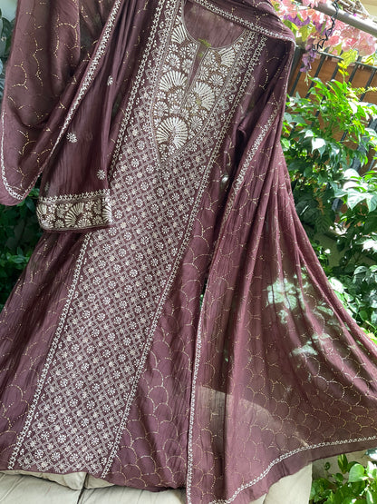 Pure Mulmul Chanderi Kurta Set with Chikankari & Mukaish Work with Handcrafted Dupatta (Set of 3) (Semi-stitched)