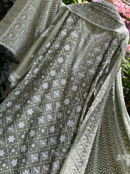 Pure Mul Chanderi Kurta Set with Chikankari & Mukaish Work with Boota Detailed Dupatta (Set of 3) (Semi-stitched)