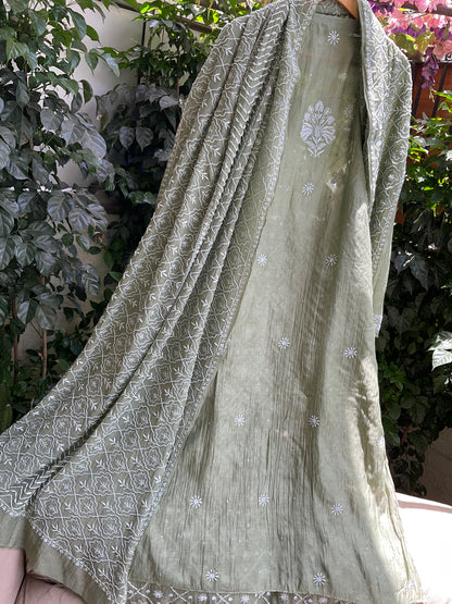 Pure Mul Chanderi Kurta Set with Chikankari & Mukaish Work with Boota Detailed Dupatta (Set of 3) (Semi-stitched)