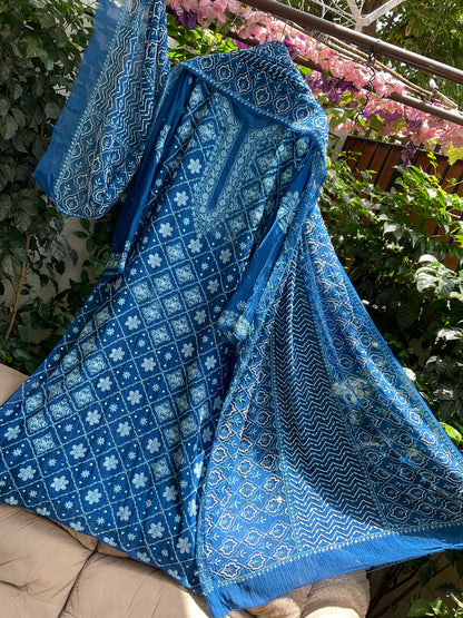 Pure Mul Chanderi Kurta Set with Chikankari & Mukaish Work with Boota Detailed Dupatta (Set of 3) (Semi-stitched)
