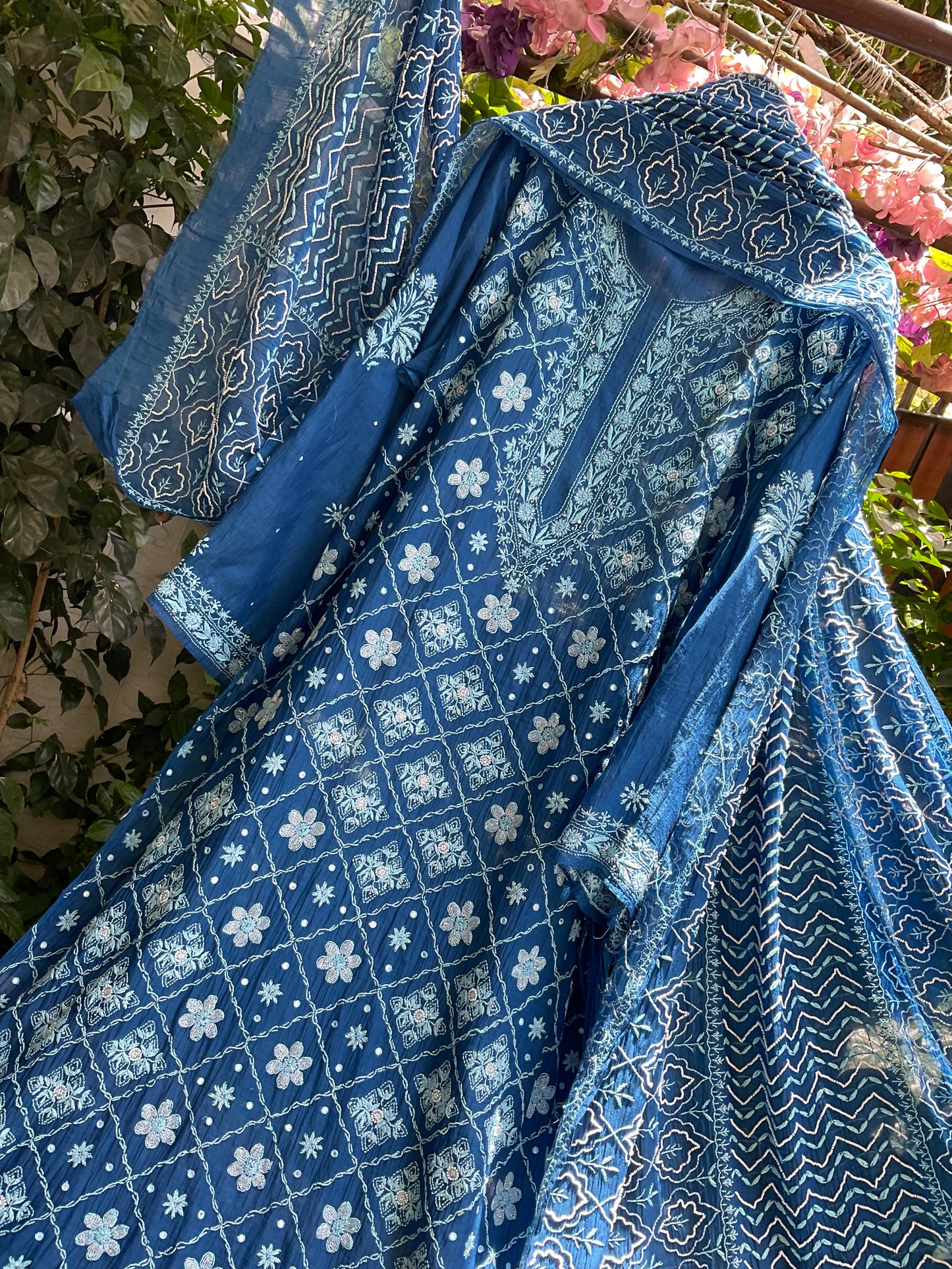 Pure Mul Chanderi Kurta Set with Chikankari & Mukaish Work with Boota Detailed Dupatta (Set of 3) (Semi-stitched)