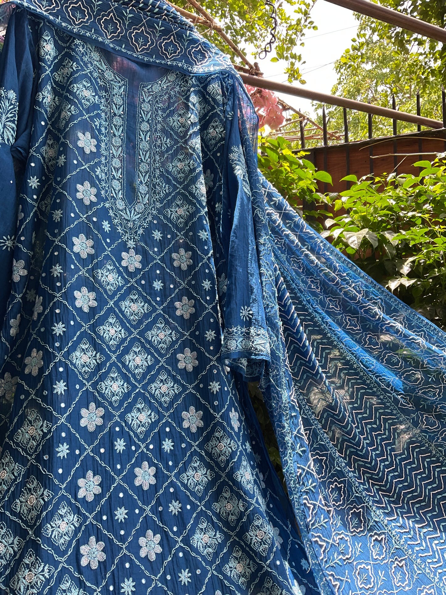 Pure Mul Chanderi Kurta Set with Chikankari & Mukaish Work with Boota Detailed Dupatta (Set of 3) (Semi-stitched)
