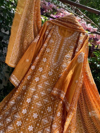 Pure Mul Chanderi Kurta Set with Chikankari & Mukaish Work with Boota Detailed Dupatta (Set of 3) (Semi-stitched)