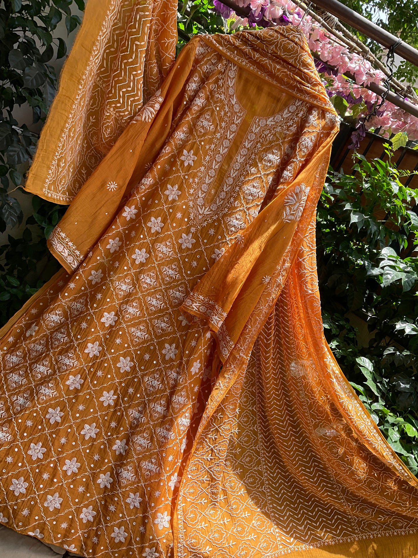 Pure Mul Chanderi Kurta Set with Chikankari & Mukaish Work with Boota Detailed Dupatta (Set of 3) (Semi-stitched)