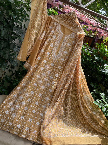 Pure Mul Chanderi Kurta Set with Chikankari & Mukaish Work with Boota Detailed Dupatta (Set of 3) (Semi-stitched)