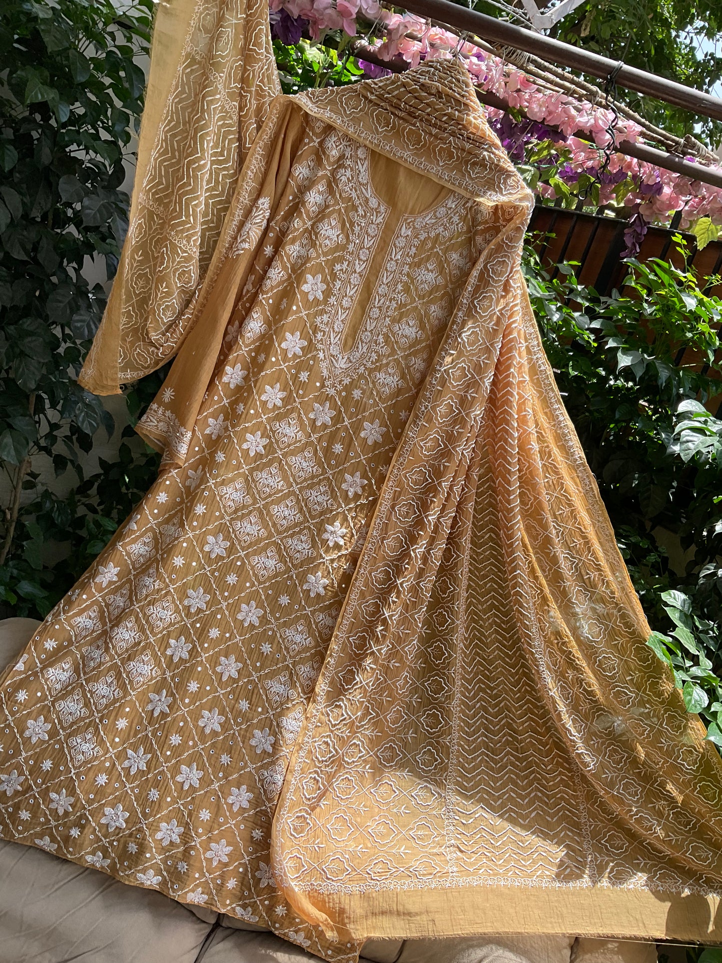 Pure Mul Chanderi Kurta Set with Chikankari & Mukaish Work with Boota Detailed Dupatta (Set of 3) (Semi-stitched)